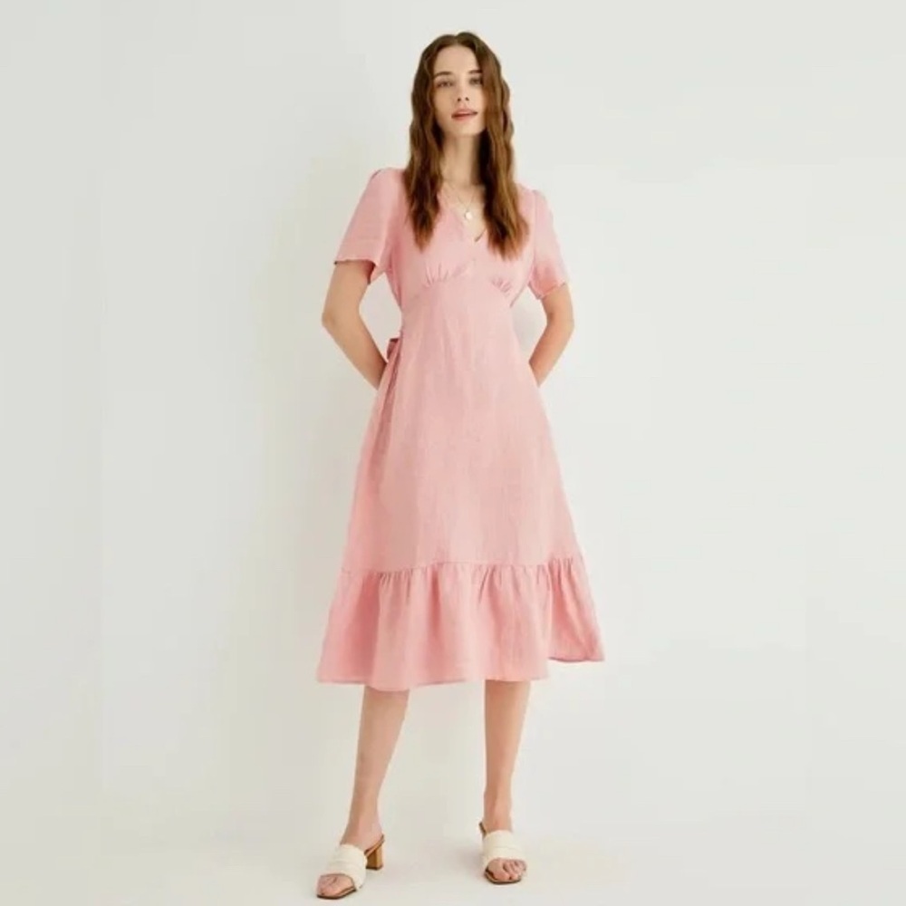 Midi Linen Dress in light Pink with Pockets Grae cove
